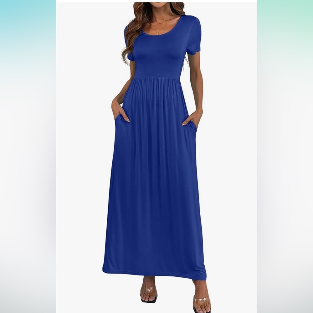 Women's Short Sleeve Loose Plain Long Maxi Casual Dresses with Pockets